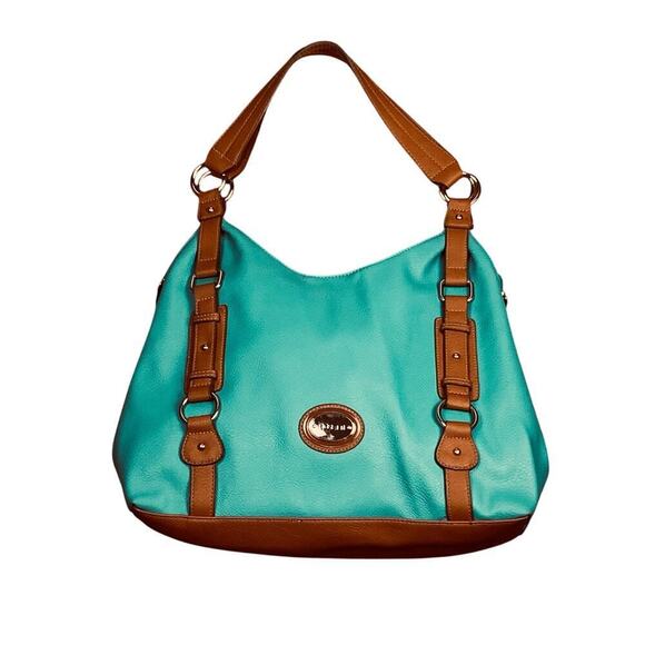 Rosetti Teal, Navy & Brown Faux Leather Oversized Colorblock Shoulder Bag - Picture 1 of 8